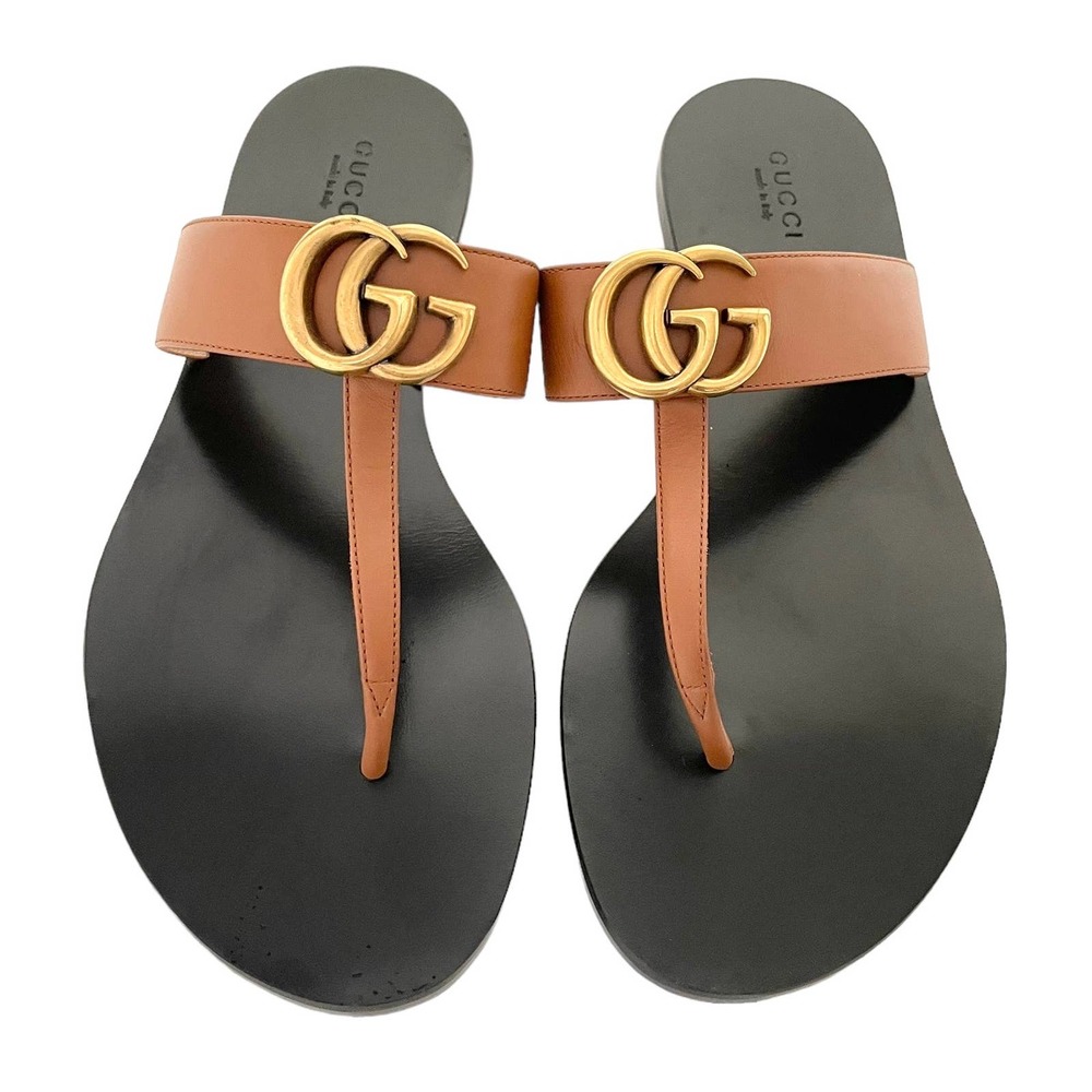 Gucci GG Marmont Double G Leather Thong Sandal Shoes Brown Size 37.5 US 7.5